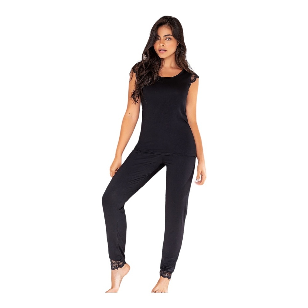 Black Lace Modal Lounge Pant Pajama Set Size M